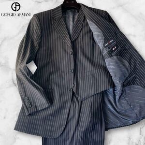 定価50万超◆最高級ラグジュアリー◆ジョルジオ アルマーニ GIORGIO ARMANI 3ピース スーツ セットアップ ストライプ 裏地ロゴ総柄 黒 L位