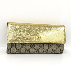 【中古】GUCCI 二つ折り 長財布 ダブルG GGスプリーム コンチネンタルウォレット レザー ゴールド ベージュ 456116