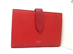 1円 ■極美品■ CELINE セリーヌ ミディアムストラップウォレット レザー 二つ折り ミニ財布 コンパクトウォレット レッド系 FK0511