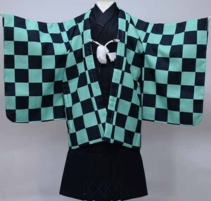 七五三 五歳 男児 羽織 袴フルセット 日本製 黒×緑 市松模様 新品（株）安田屋 NO37097