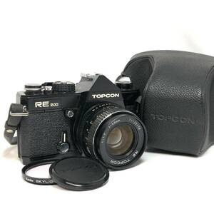 ＊TOPCON RE200 フィルムカメラ レンズ RE TOPCOR 1:1.7 f＝55mm 一眼レフ ブラックボディ 黒 撮影機材 トプコン ケース付き 動作未確認