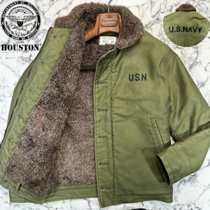 美品/N-1 34(S~M位) ●HOUSTON ヒューストン デッキジャケット ミリタリー U.S.NAVY ステンシル ボア メンズ フライトジャケット カーキ