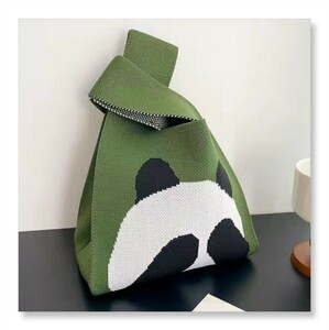 トートバッグ エコバッグ サブバッグ ハンドバッグ ニット グリーン パンダ PANDA 柄