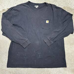 carhrtt / カーハート 長袖Tシャツ 胸ポケット ワンポイントロゴ ビックサイズ xxlサイズ ネイビー系 コットン used