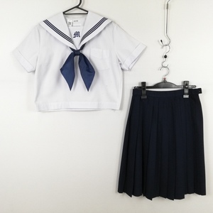 1円 セーラー服 スカート スカーフ 上下3点セット 大きいサイズ 夏物 青3本線 女子 学生服 兵庫増位中学 白 制服 中古 ランクC EY8293