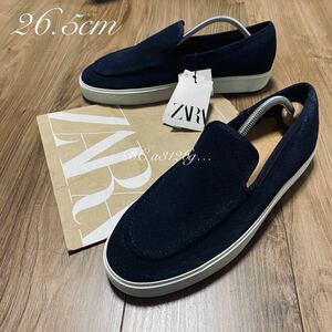 新品 ZARA パンチングレザースリッポン 26.5cm 41 NAVY SUEDE メンズ ザラ レザー スニーカー シューズ ローカット タグ付 一部ホツれあり 