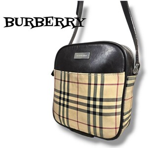 1円 美品 BURBERRY バーバリー ショルダーバッグ ノバチェック レザー キャンバス ブラウン 斜め掛け メンズ レディース ユニセックス