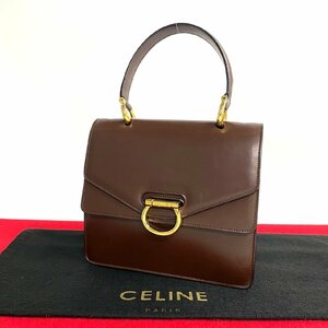 極 美品 レア品 CELINE セリーヌ ヴィンテージ ロゴ 金具 カーフレザー 本革 ハンドバッグ ミニ トートバッグ ブラウン 赤張り 20937