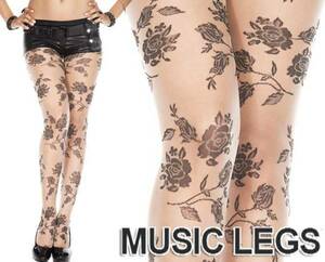 A412)MusicLegsローズシアーストッキングベージュ黒タイツ薔薇柄