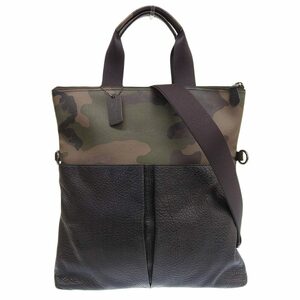 美品 コーチ 2018年 F29706 CHARLES FOLDOVER TOTE WITH CAMO 2way トートバッグ メンズ カモ プリント レザー ショルダー 黒