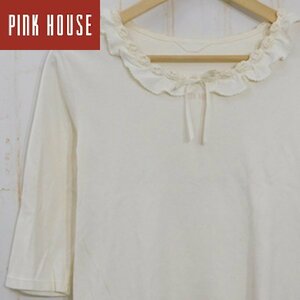 ピンクハウスPINK HOUSE■花モチーフ コットン トップス 五分袖■L■オフホワイト　カットソー　レディース古着　※KH2519045