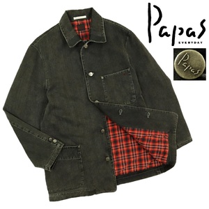 【S2881】【美品】【裏地チェック】Papas パパス デニムジャケット カバーオール インディゴ ブラック 一部レザー サイズS