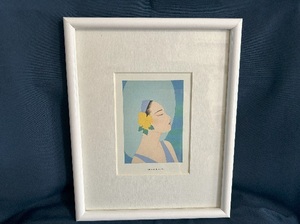 鶴田一郎 サマーシルエット 額縁入 美人画 ポストカード 中古セット品 アート 装飾品 Summer Silhouette 青 壁掛け 紐付 マット フレーム白