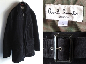 希少 ビンテージ Paul Smith LONDON ポールスミス ベルト付 中綿/エコダウン コットンモールスキン ジップコート ジャケット L 黒 ブラック