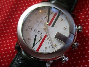 ★GUCCI101G-RoundChronograph/グッチ101G-ラウンドクロノグラフ9ＰダイヤモンドフローラGGレザーベルトムーブメント新品交換済み★