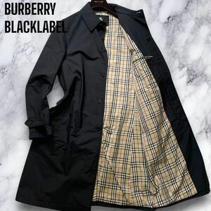 極美品/希少LL◎バーバリーブラックレーベル ノバチェック ステンカラーコート 比翼 ロング丈 BURBERRY BLACKLABEL メンズ 黒 ブラック XL 