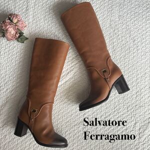 美品 SalvatoreFerragamo フェラガモ ガンチーニ ロングブーツ グラデーション ブラウン ブラック 51/2D