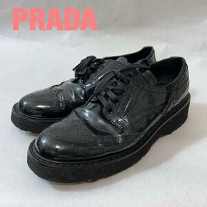 L0101★7 高級 PRADA プラダ レディース レザー ウィングチップ ドレス シューズ ローファー スニーカー 黒 375