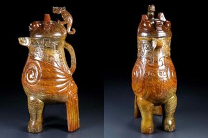 ■観心・時代旧蔵■K673漢時代 和田古玉龍獣香炉 時代古玉細密細工★古置物★古賞物★古擺件★蒐集家放出★唐物