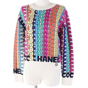 極美品◎CHANEL シャネル P71599 ロゴ総柄 カシミヤ100％ ストーン付きココマーク 長袖 ニットプルオーバー マルチ 34 UK製 レディース