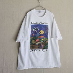 USA製 90s Hanes Tシャツ / XL コットン ホワイト プリント イラスト 魚 文字 半袖 USA ビンテージ T4-06009-9376