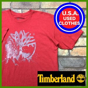 ME12-811★USA買付品★海外正規品【Timberland】ブランドロゴプリント Tシャツ【メンズ XL】レッド ワーク アウトドア アメカジ 半袖 古着