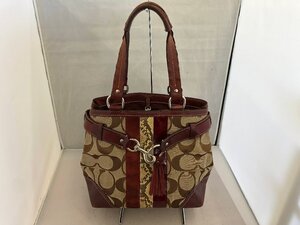 【COACH】コーチ　トートバッグ　ベージュブラウン　ラージシグネチャー×ボルドー　キャンバス×レザー　SY02-GDU