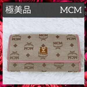 【極美品】送料無料 MCM エムシーエム 二つ折り 長財布 札入れ 小銭入れ カード入れ レディース ベージュ ピンク レザー キャンバス