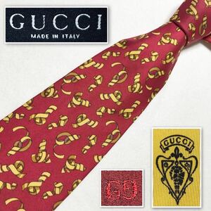 GUCCI グッチ　ネクタイ　リボン　総柄　シルク100% イタリア製　レッド×イエロー　ビジネス