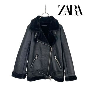 11T317☆ ZARA WOMAN ザラウーマン ブラック フェイクレザー 裏ボア ファー ムートン ライダースジャケット アウター 秋冬 防寒 S〜M