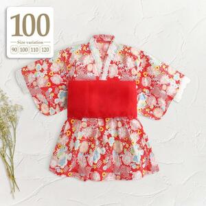 新品未使用 100cm｜レッド〔#BM浴衣ワンピース〕浴衣ドレス 兵児帯 2点セット 七夕 夏祭り 花火大会 和服 子供 ベビー キッズ 女の子