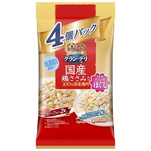 （まとめ買い）グラン・デリ 国産鶏ささみパウチ ほぐし 成犬用バラエティ ビーフ入り、なんこつ入り 80g×4個 〔×8〕