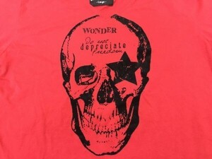 WISDOM THE GLAPHIC LABO[960] ロック お兄系 スカル 起毛プリント Vネック 半袖Tシャツ メンズ 綿混合 L 赤