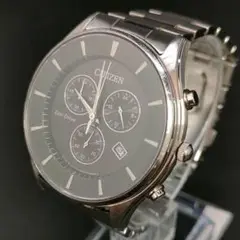 美品　稼働品　CITIZEN　シチズン　ブラック　シルバー　クロノ　ソーラー時計