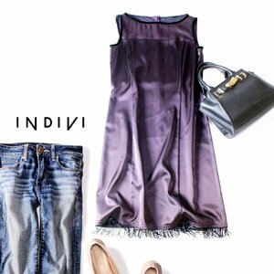 ☆☆ 美品 INDIVI インディヴィ ☆☆ 綺麗め ベロアパイピング 裾ビーズ マットサテン ストレッチ ワンピース F 春 夏 23C05