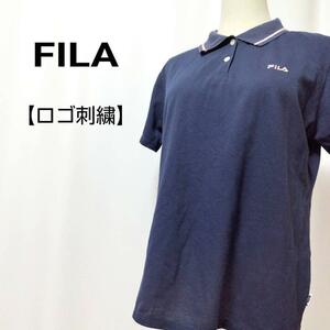 FILA　ワンポイント　ロゴ刺繍　ポロシャツ ゆったりサイズ　フィラ　ネイビー　レディース　XL　ゴルフ　スポーツウェア