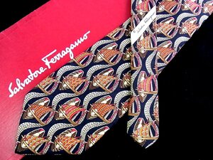 ♪今週の特売980円～♪2289♪良品【Ferragamo】フェラガモ【船 帆船 波 網 柄】ネクタイ♪