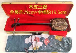 本皮 蛇皮 三線 皮破れ無し 全長約79cm×全幅約19.5cm ケース付 沖縄 琉球 三味線 本体 和楽器 民族楽器 #エ