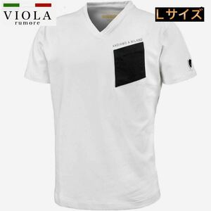 ヴィオラ プリントTシャツ 半袖 Vネック ホワイト Lサイズ 布帛ポケット付きTシャツ ストレッチ VIOLA rumore（ヴィオラルモーレ）