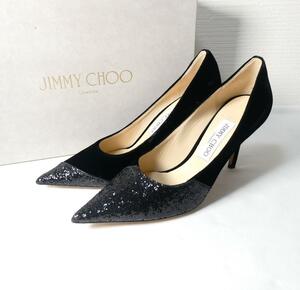 極美品 JIMMY CHOO ジミーチュウ LOVE85 サイズ38 約25㎝ ベロア×グリッター ポインテッドトゥ ハイヒール パンプス 黒 ブラック