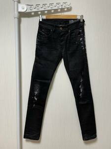 美品☆[DIESEL] SLEENKER 084TY コーティングクラッシュ加工 ストレッチスキニー ブラックデニムパンツ 26 ディーゼル