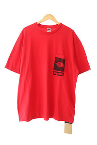 シュプリーム SUPREME ×THE NORTH FACE ノースフェイス 23SS Printed Pocket Tee ロゴ プリント ポケット 半袖 Tシャツ L 赤 レッド☆AA★