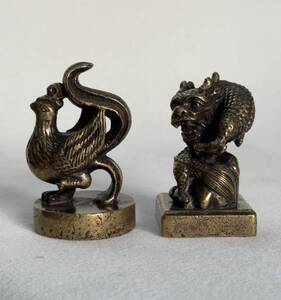 秘藏 清 龍鳳呈祥 純銅實心印章一對 古印材 古銅 銅製品 銅器 極細工 古美術 古美味 L1025