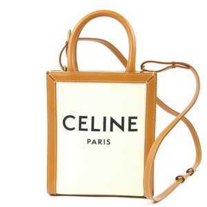 43264★1円スタート★CELINE セリーヌ 外極美品 ミニ バーティカルカバ 縦長 2WAY ショルダーバッグ ロゴ ハンドバッグ キャンバス レザー