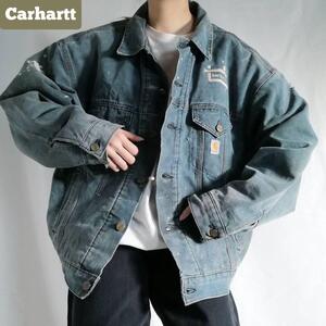 Carhartt カーハート トラッカージャケット ダックジャケット ワークジャケット 企業ロゴ刺繍 緑 フェード グリーン L ボロ m1127 入手困難