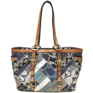 コーチ COACH デニム パッチワーク トート バッグ レディース 0869 12217 ネイビー ブラウン シグネチャー キャンバス レザー 中古AB