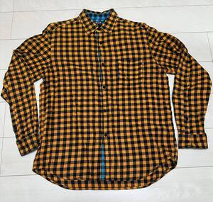 送料無料 ステューシー kitplaid shirts キットプレイド シャツ ブロックチェック オレンジ×黒 Lサイズ ネル 中古 STUSSY 古着 ボロ