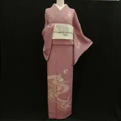 付け下げ(袷)　(絞り流水に刺繍花の丸紋様　未使用しつけ糸付　宗伝唐茶色系)