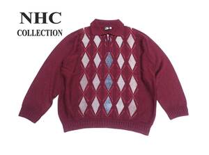 ☆NHC COLLECTION　☆ハーフジップ　☆アーガイル柄セーター　☆衿付きニット　☆プルオーバー　☆エンジ　☆バーガンディ　☆XL