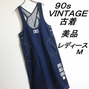 美品 90s レトロ ヴィンテージ古着 レディースM 濃紺 インディゴ 花柄ワッペン Aライン デニム ジャンバースカート ワンピース 即決/A14